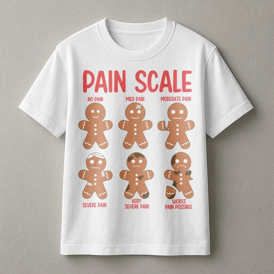 Pain Scale Gingerbread T-Shirt | Funny Christmas Nurse Graphic Tee | Soft 100% Cotton Gift for Nurses | Holiday Medical Humor Apparel