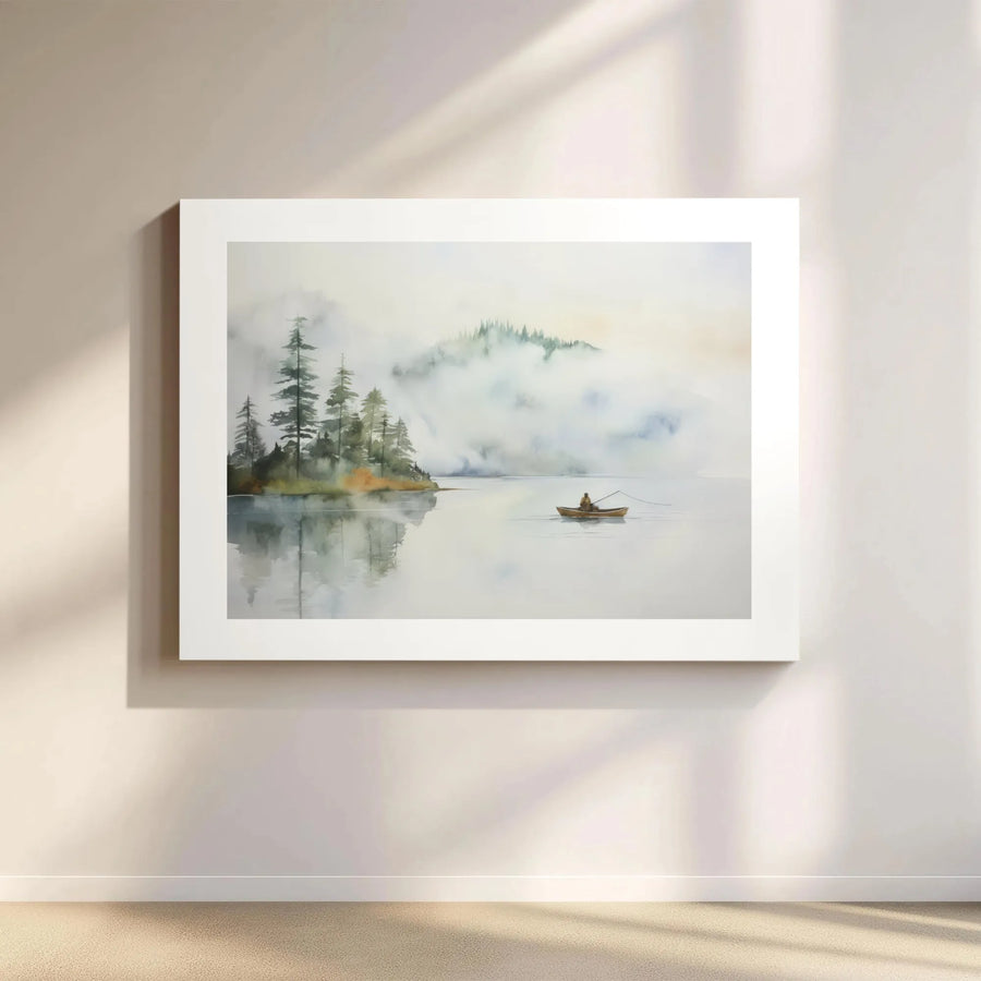 Misty Lake Landscape Canvas Print | Lone Fisherman Watercolor Painting | 1.25-Inch Gallery Wrap | Nature-Inspired Home Office Wall Art Gift