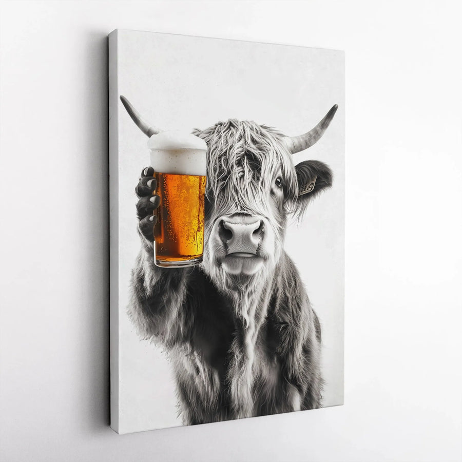 Highland Cow Canvas Print | Funny Beer Drinking Animal Wall Art | Premium 1.25-Inch Thick Gallery Wrap | Unique Pub Decor Gift for Men