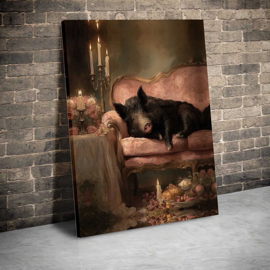 Wild Boar Painting On Pink Sofa | Baroque Style Animal Wall Art | 1.25-Inch Premium Gallery Canvas | Unique Eclectic Home Decor Gift