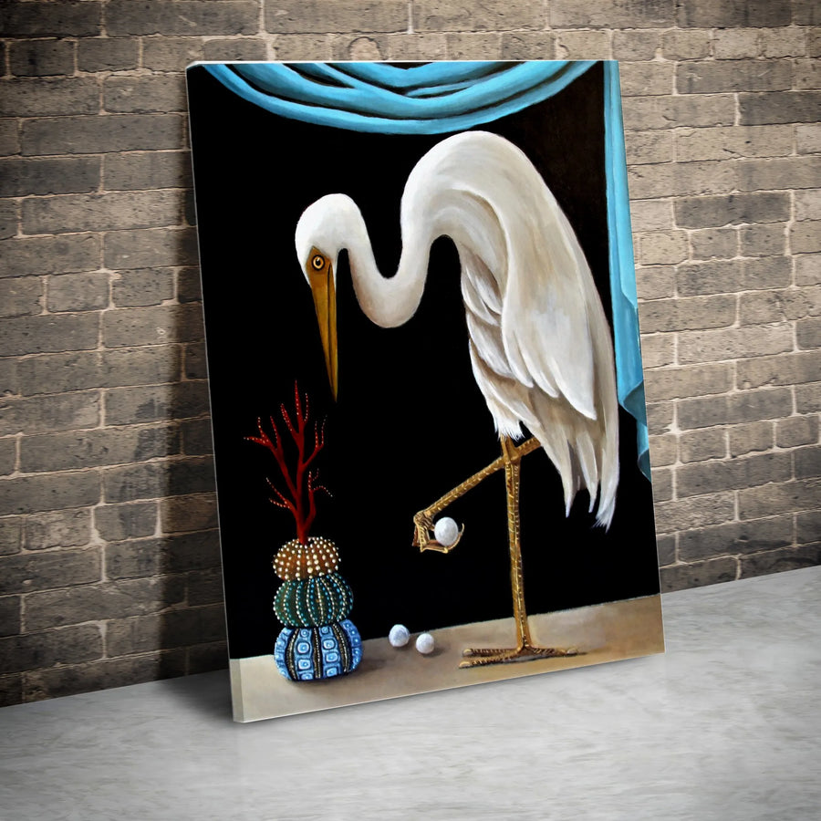 Great Egret and Pearl Vertical Canvas | Surreal Wildlife Painting Print | Premium Gallery-Wrapped Art | Unique Collector's Gift for Home Decor
