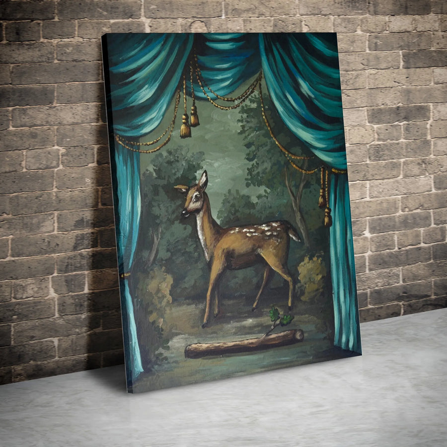 Vintage Deer Vertical Canvas | Theatrical Forest Scene Wall Art | Premium Gallery Wrapped Print | Eclectic Home Decor Gift