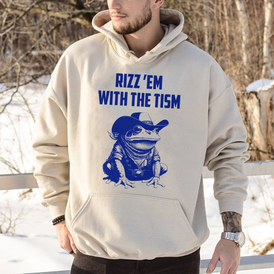 Rizz Em With The Tism Hoodie | Cowboy Frog Graphic Print | Premium Cotton-Blend Pullover | Funny Meme Sweatshirt Gift For Neurodivergent Adults