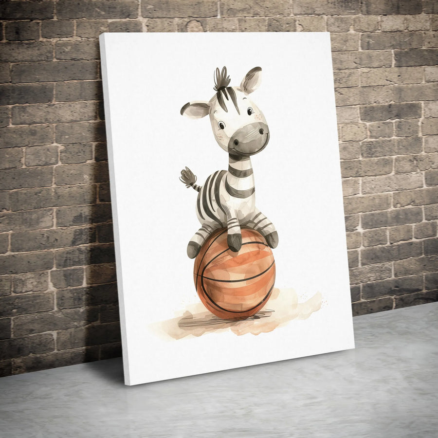 Baby Zebra Basketball Wall Art | Watercolor Safari Animal Nursery Decor | Gallery Wrap Canvas Print | Premium Sports Themed Baby Room Gift