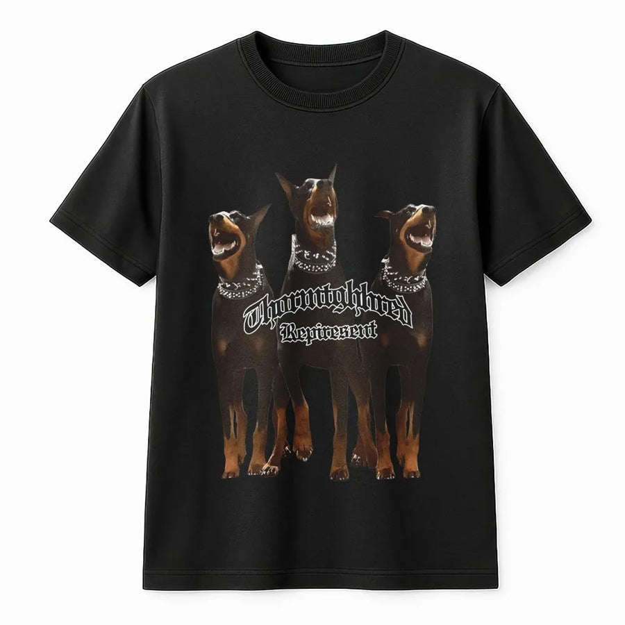 Doberman Graphic T-Shirt | Thoroughbred Represent Urban Dog Design | Premium Cotton Heavyweight Tee | Gift for Dog Lovers & Doberman Owners