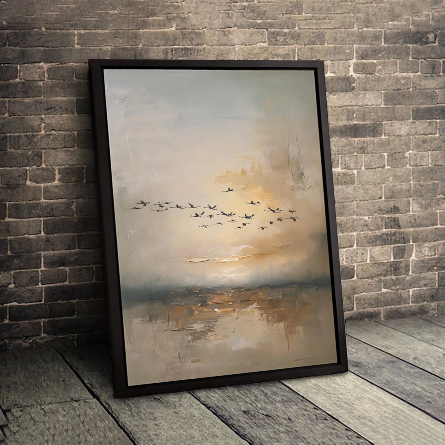 Abstract Sunset Birds Canvas Wall Art | Textured Coastal Landscape Print | Premium Fade-Resistant Gallery Wrap | Modern Home Decor Gift