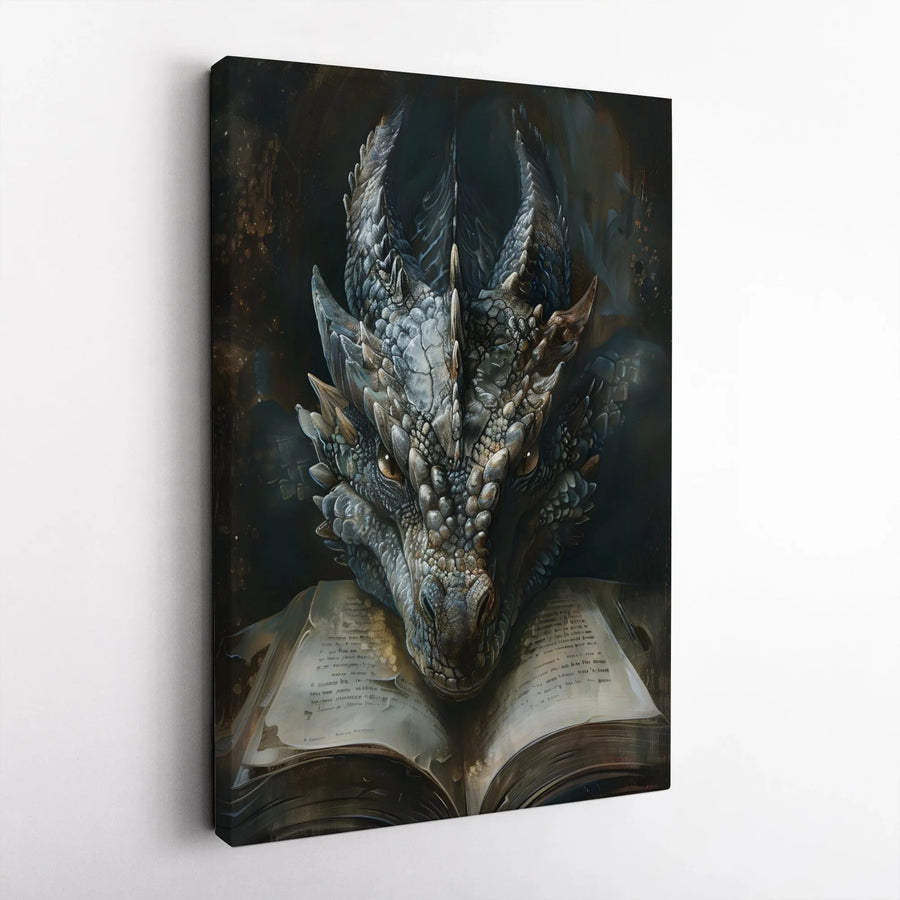 Fantasy Dragon Vertical Canvas | Gothic Dragon Over Ancient Tome | Premium 1.25" Thick Canvas | Collector's Gift for Fantasy Lovers