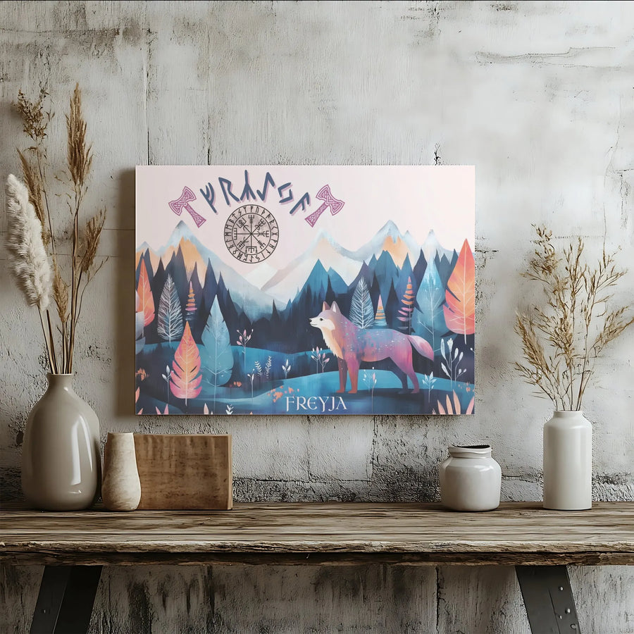 Freyja Viking Canvas Print | Norse Wolf Vegvisir Compass & Axes Art | 1.25 Inch Gallery Wrap | Mythological Home Decor Gift for Pagans