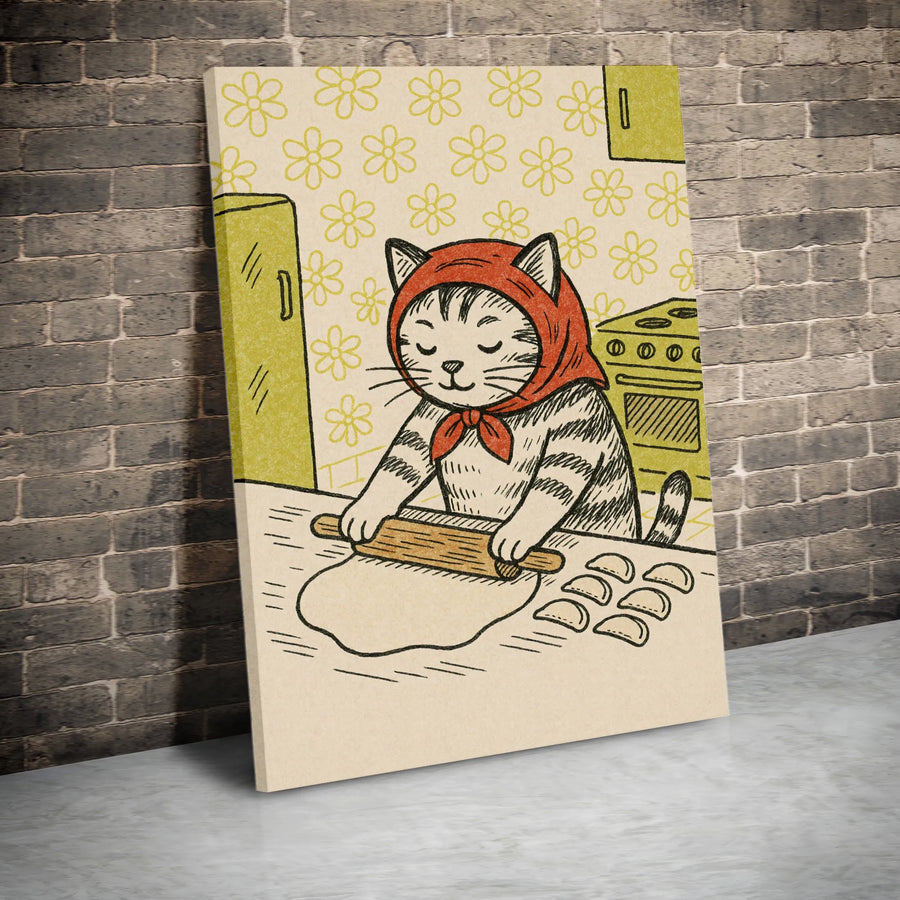 Vintage Cat Kitchen Art Canvas | Cute Babushka Tabby Making Dumplings | Premium Gallery Wrapped Decor | Whimsical Foodie Home Gift