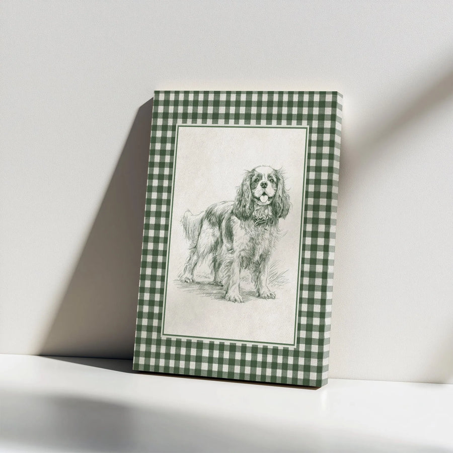 Cavalier King Charles Spaniel Canvas Print | Vintage Dog Sketch with Green Gingham Border | Premium Gallery Wrapped Art | Farmhouse Decor Gift for Dog Lover