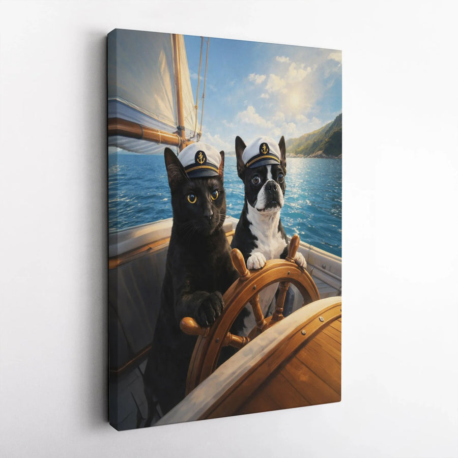 Cat and Dog Captains Canvas Print | Funny Pet Sailors Nautical Wall Art | Premium Gallery Wrapped Canvas | Unique Gift for Boat Owner & Pet Lover