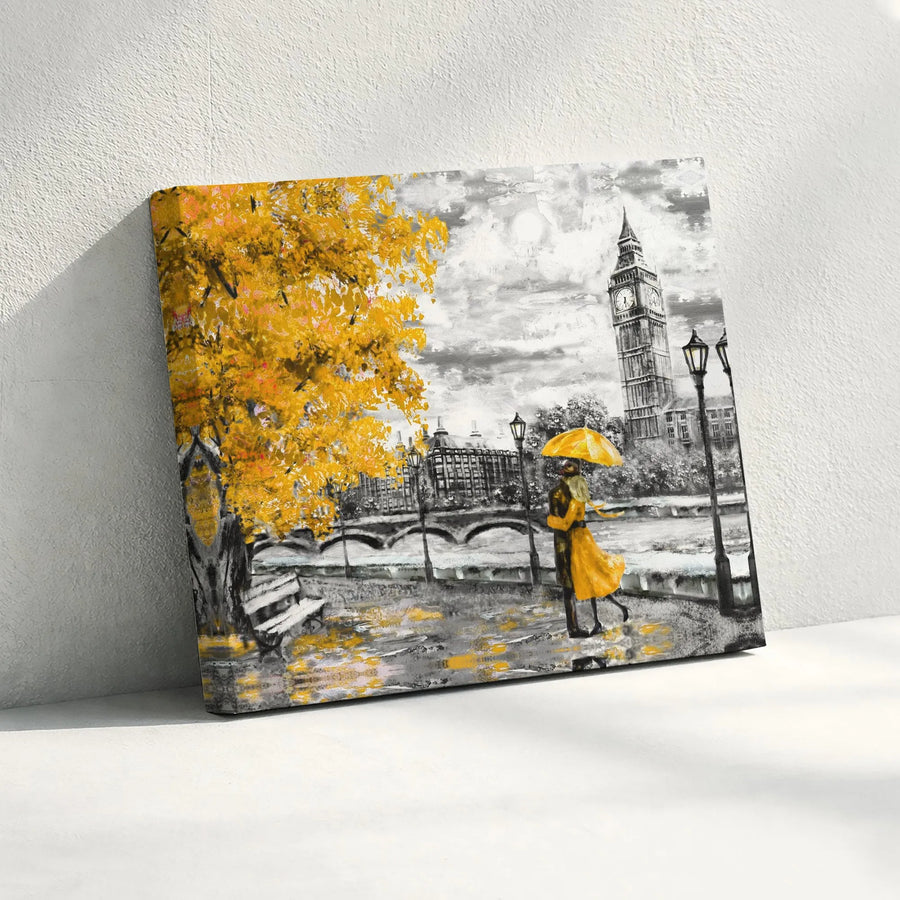 Romantic London Canvas Print | Rainy Day Couple with Yellow Umbrella | Premium Gallery Wrapped Wall Art | Anniversary Gift for Couples