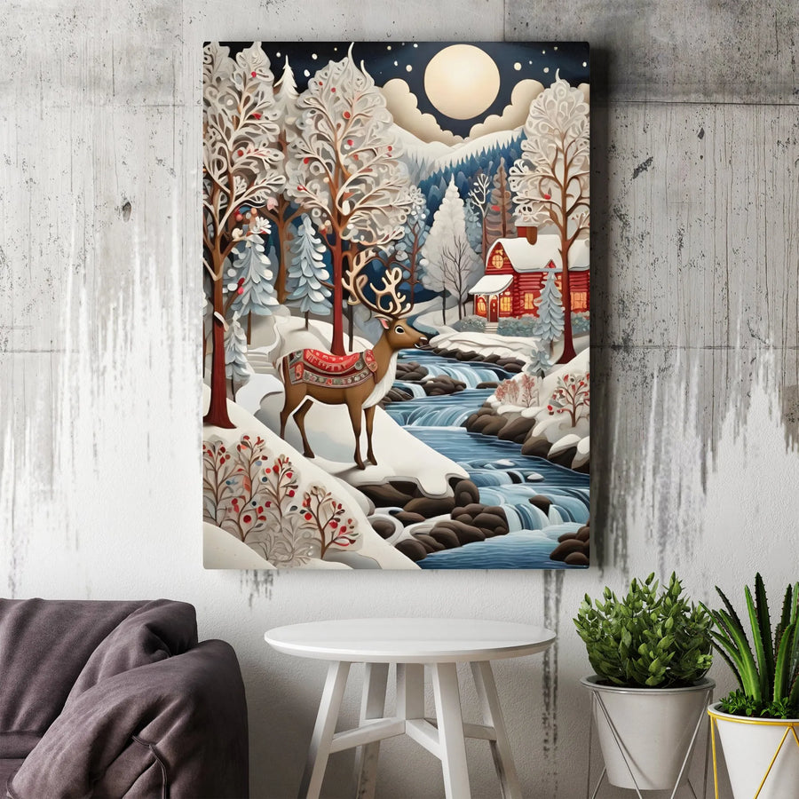Winter Reindeer Canvas Wall Art | Snowy Forest Cabin Landscape | Premium Gallery Wrap Decor | Holiday Living Room Gift