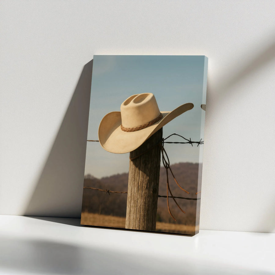 Western Cowboy Hat Canvas Print | Rustic Barbed Wire Fence Art | Premium Gallery Wrapped Wall Decor | Farmhouse Living Room Gift for Him