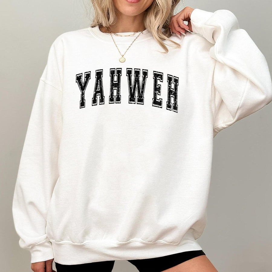 Yahweh Sweatshirt | Distressed Varsity Letter Print | Premium Cotton-Blend Fleece | Christian Faith Gift for Men and Women