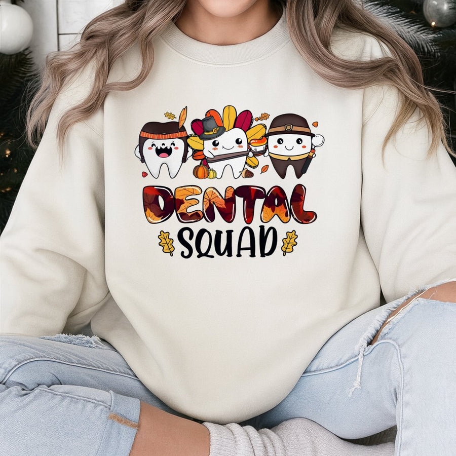 Dental Squad Thanksgiving Sweatshirt | Cute Fall Tooth Characters Graphic | Soft Cotton-Poly Blend | Gift for Dentist & Dental Hygienist
