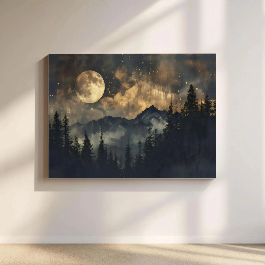 Full Moon Forest Mountain Canvas Wall Art | Midnight Nature Landscape Print | Premium 1.25-Inch Gallery Wrap | Atmospheric Home Office Decor Gift