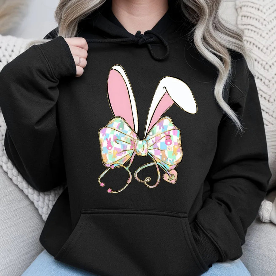 Nurse Easter Hoodie | Stethoscope Bunny Ears Graphic | Premium Cotton Blend | Nursing Student Gift & Holiday Scrub Alternative