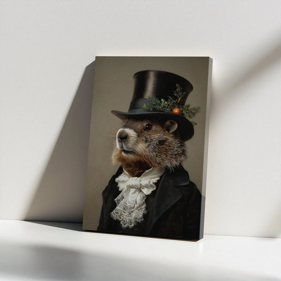 Victorian Groundhog Portrait Vertical Canvas | Gentleman Animal in Top Hat Art | Premium Frameless Wall Decor | Unique Collector's Gift