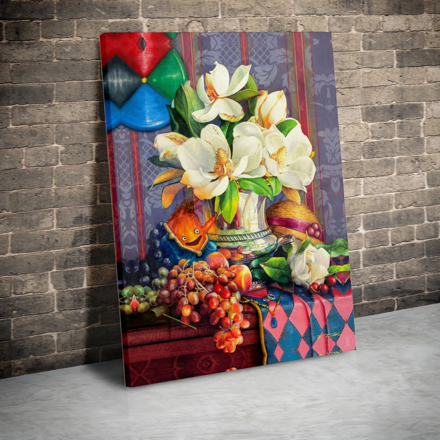Whimsical Still Life Canvas | Magnolias and Grapes Art Print | Gallery Quality 1.25-inch Profile | Unique Home Decor Wall Art Gift