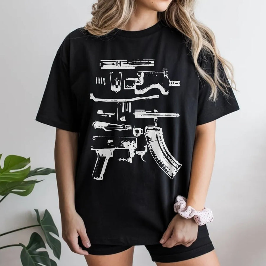 Gun Schematic T-Shirt | Exploded View Rifle Blueprint | Premium Cotton Blend Pullover | Gift for Gun Enthusiast
