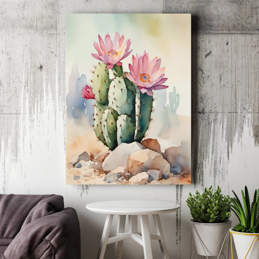 Watercolor Desert Cactus Canvas Art | Pink Blooming Succulent Print | Premium 1.25" Gallery Wrap | Boho Southwestern Home Wall Decor Gift