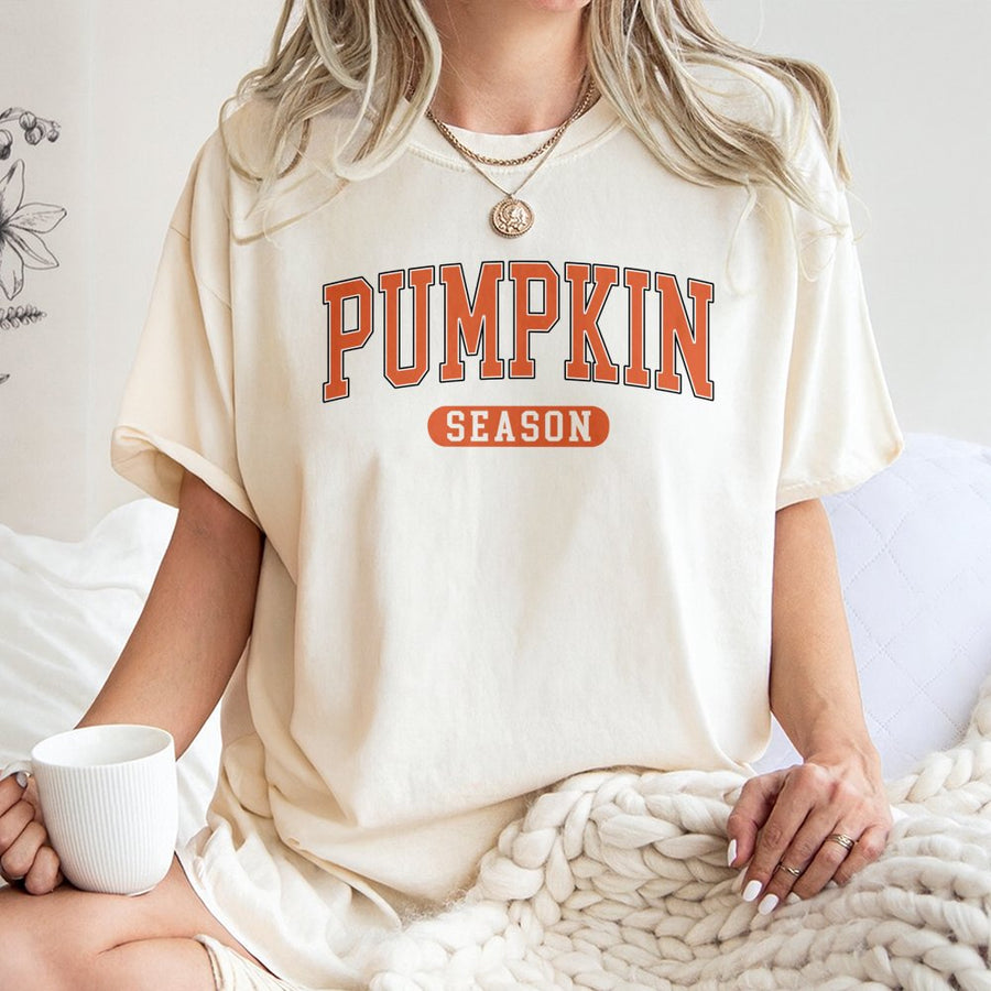 Pumpkin Season T-Shirt | Retro Varsity Lettering Graphic | Premium Soft Cotton | Fall Thanksgiving Halloween Gift for Women and Men