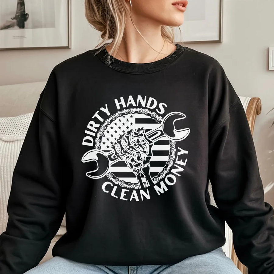 Dirty Hands Clean Money Sweatshirt | Patriotic Mechanic Flag Graphic | Premium Cotton Blend | Gift For Car Enthusiast and Skilled Tradesman