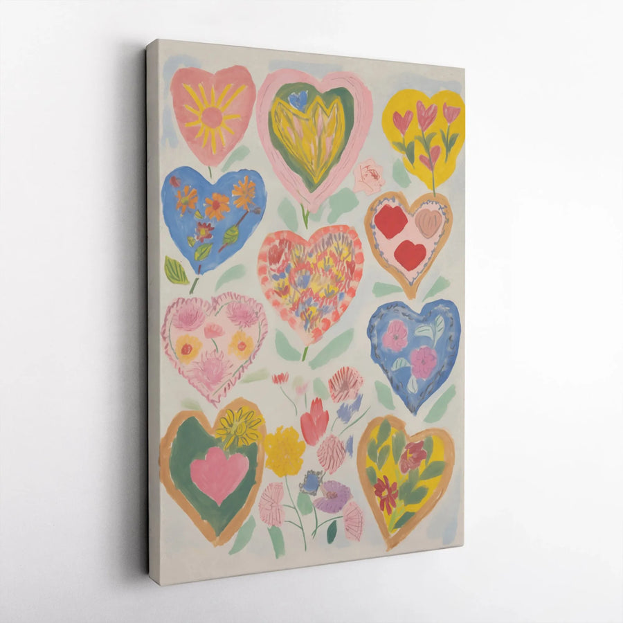 Floral Hearts Canvas Wall Art | Colorful Folk Art Painting | Premium Gallery Wrapped Print | Romantic Home Decor Gift