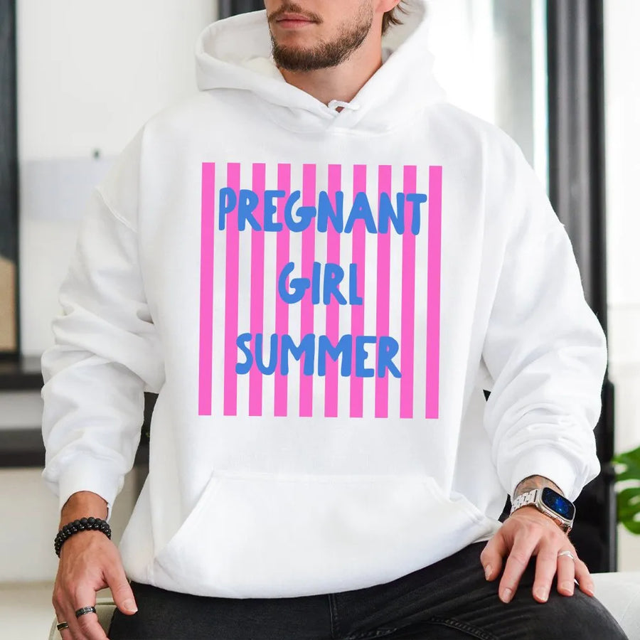 Pregnant Girl Summer Hoodie | Striped Baby Announcement Graphic | Soft Cotton Blend | Comfortable Maternity Gift for Expecting Mom