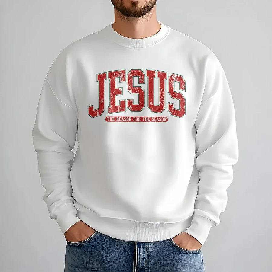Jesus The Reason For The Season Sweatshirt | Distressed Varsity Text | Premium Cotton Blend | Christian Christmas Gift for Women and Men