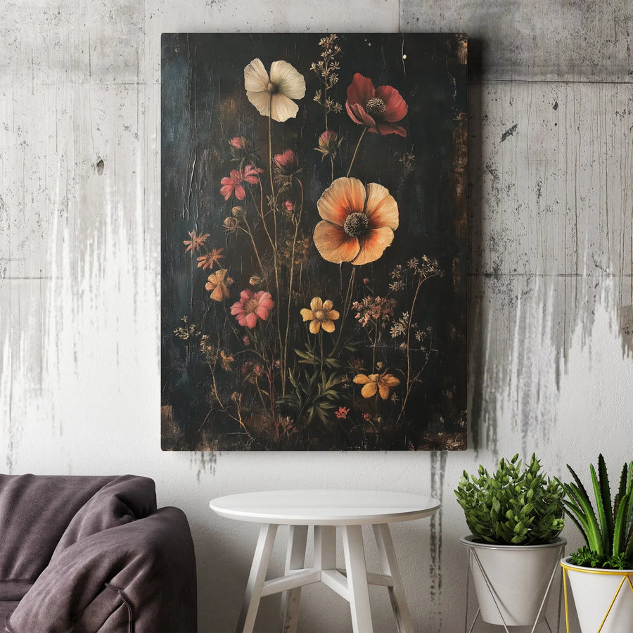 Dark Moody Floral Canvas Wall Art | Vintage Wildflower Painting Print | Premium Gallery Wrapped Decor | Botanical Home Gift For Living Room