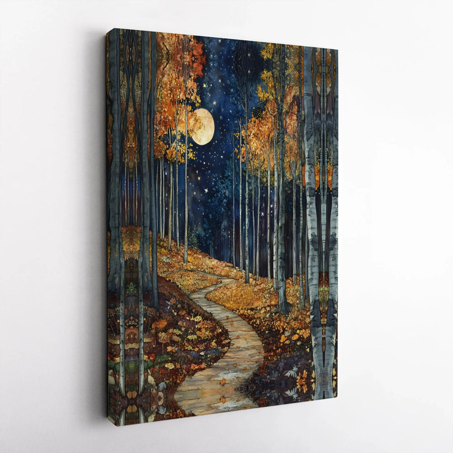 Autumn Forest Canvas Wall Art | Moonlight Path Nature Scene | Premium Gallery Wrap Print | Whimsical Fall Decor for Home