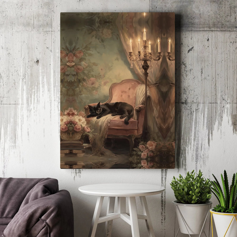 Vintage Black Cat Canvas Art | Moody Dark Academia Painting Print | Premium Frameless Canvas | Gift for Cat Lover, Collector's Living Room Decor
