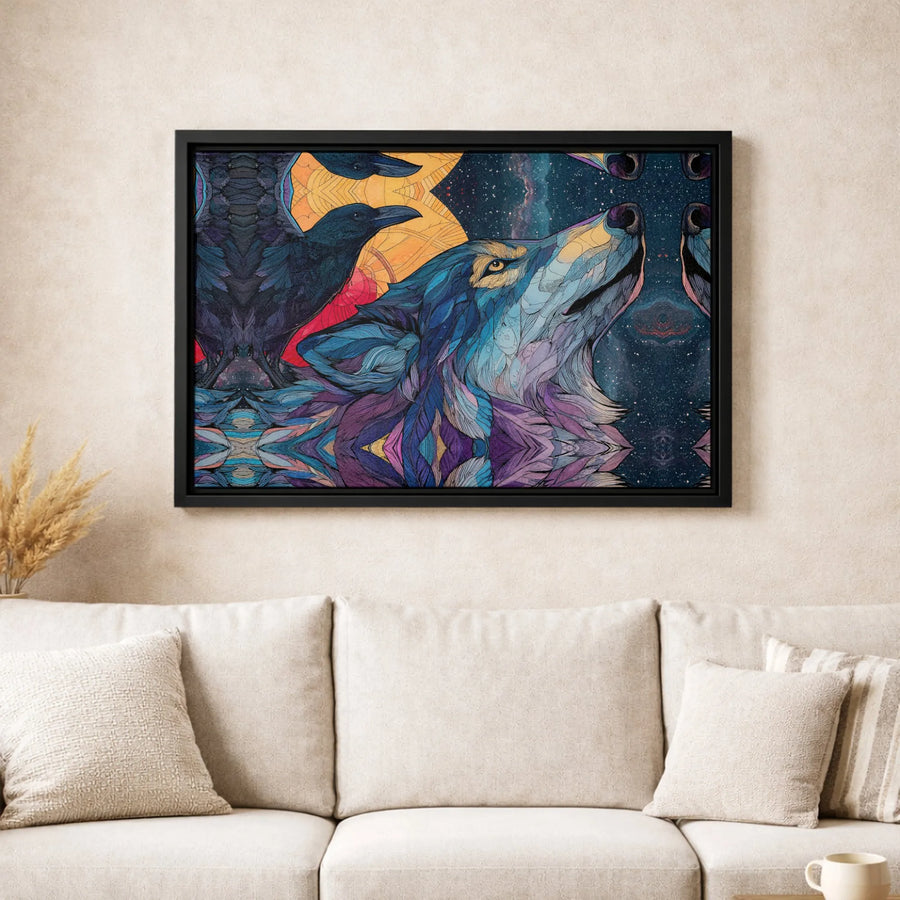 Howling Wolf and Raven Canvas Wall Art | Psychedelic Starry Sky Night Portrait | Premium 1.25-Inch Gallery Wrap | Spiritual Home Decor Gift