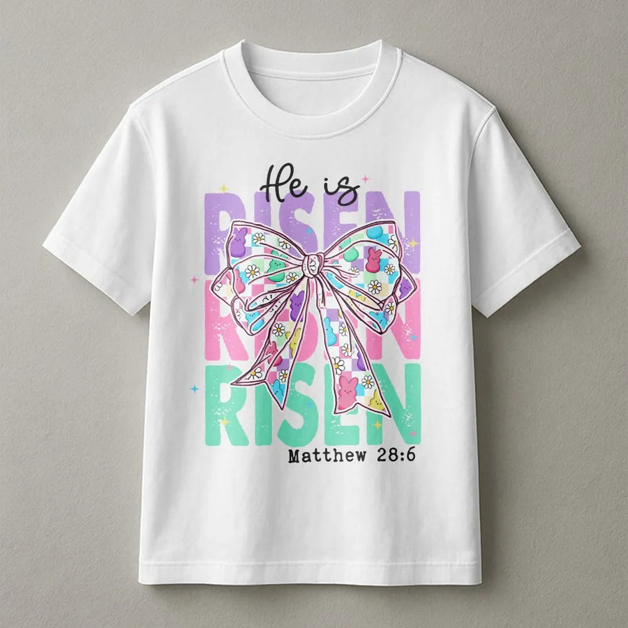He Is Risen T-Shirt | Pastel Bow & Daisy Easter Design | 100% Cotton Premium Tee | Christian Religious Gift For Women & Men