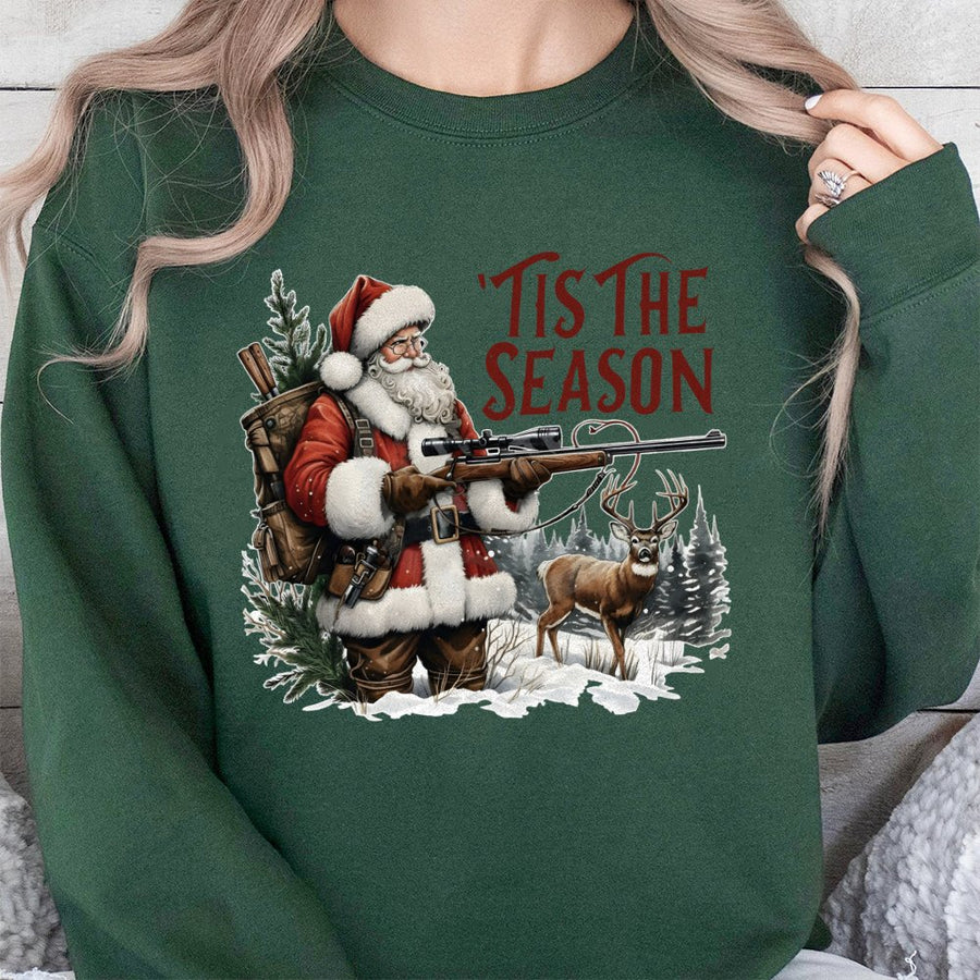 Santa Hunting Sweatshirt | Funny Tis The Season Deer Hunter Graphic | Cotton Blend Premium Apparel | Christmas Gift for Outdoorsmen