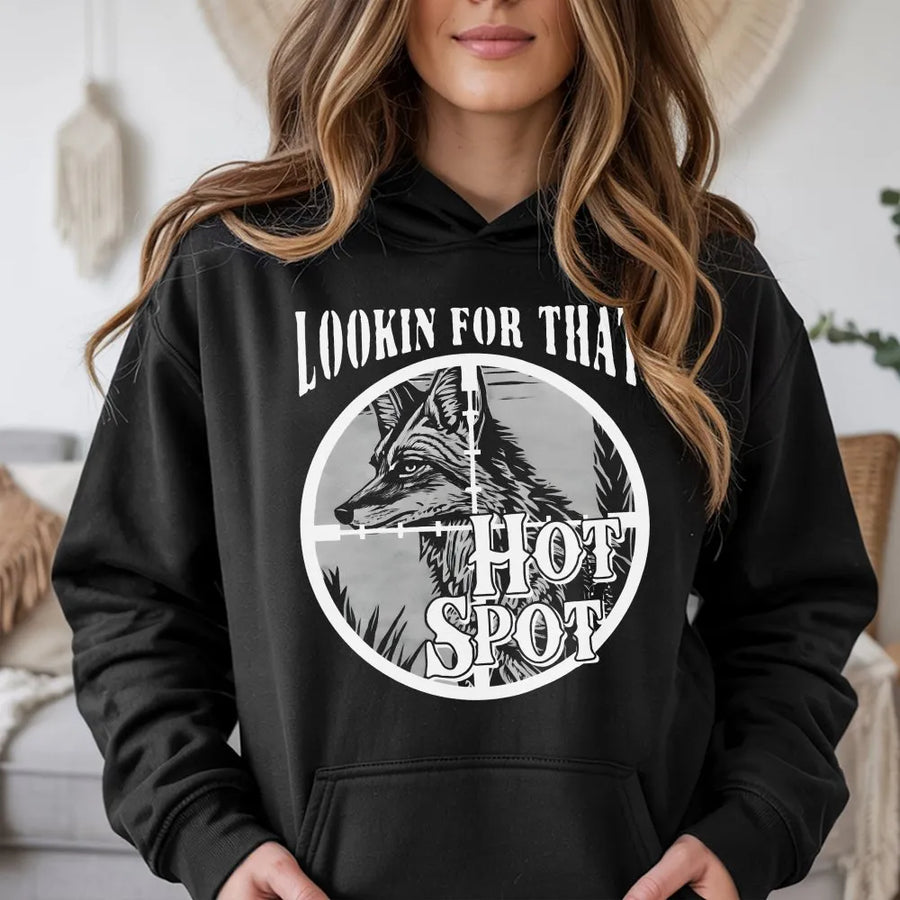 Coyote Hunting Hoodie | Lookin For That Hot Spot Scope Graphic | Cotton-Poly Blend Premium Apparel | Funny Predator Hunter Gift for Men & Women