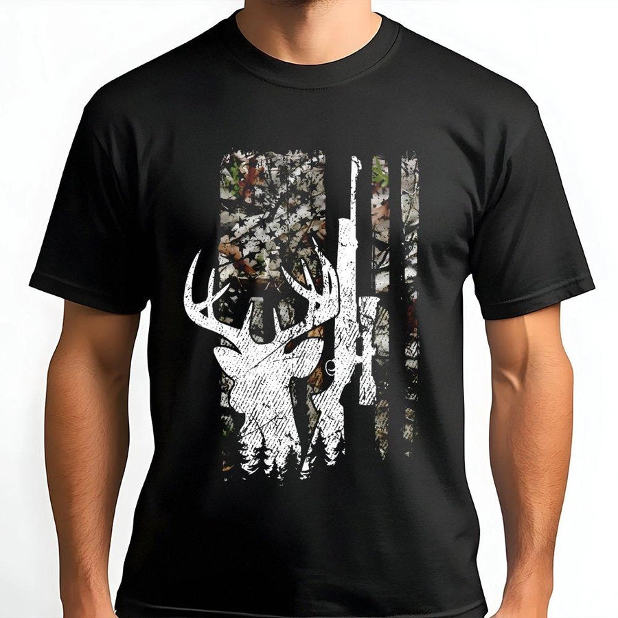 Deer Hunting T-Shirt | Camo American Flag Buck Graphic | 100% Cotton Premium Tee | Patriotic Gift for Hunters and Outdoorsmen