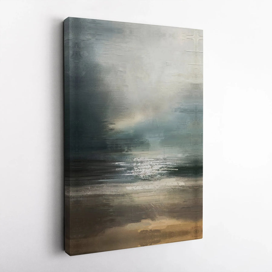 Abstract Seascape Canvas Wall Art | Moody Blue and Brown Coastal Landscape | Gallery-Quality Fade-Resistant Print | Modern Home Office Decor
