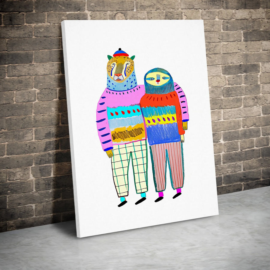 Cheetah and Sloth Couple Canvas Wall Art | Whimsical Folk Art Animal Portrait | Premium 1.25-inch Thick Gallery Wrap | Modern Home Decor Gift