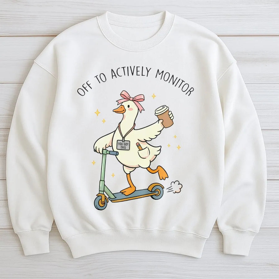 Funny Teacher Testing Shirt | Goose on Scooter 'Actively Monitor' Tee | Soft Cotton Graphic T-Shirt | Test Day Proctor Gift for School Staff