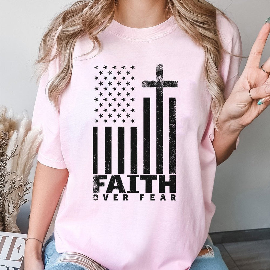 Faith Over Fear T-Shirt | American Flag Christian Cross Graphic | 100% Cotton Premium Tee | Patriotic Religious Gift for Men and Women