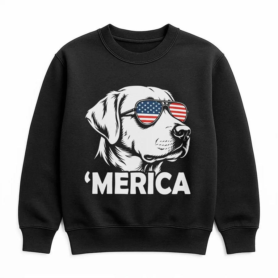 Merica Dog Sweatshirt | Golden Retriever with USA Flag Sunglasses | Soft Cotton Blend | Funny 4th of July Patriotic Gift for Dog Lovers
