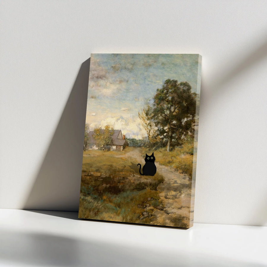 Black Cat Landscape Wall Art | Whimsical Illustration in Oil Painting Style | Premium Gallery Wrap Canvas | Unique Home Decor Gift for Cat Lovers