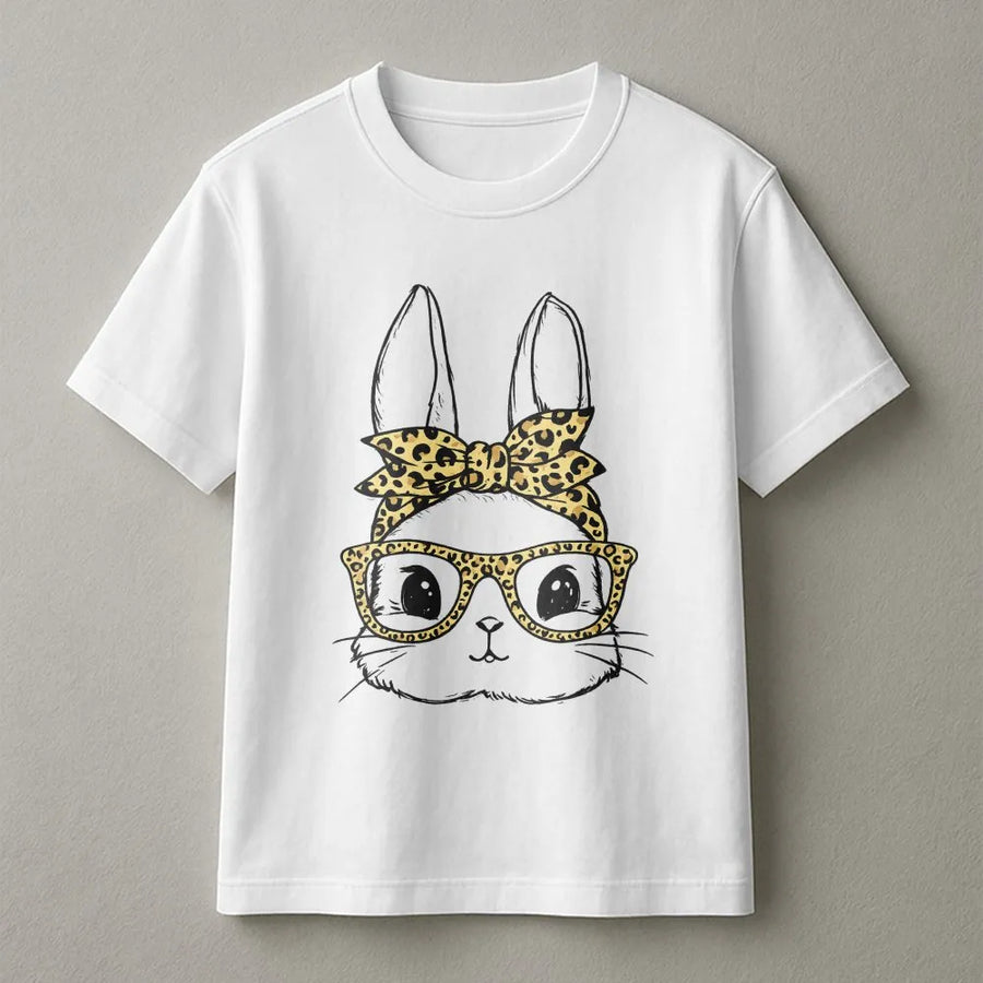 Easter Bunny T-Shirt | Leopard Print Glasses and Bandana Graphic | Premium 100% Cotton | Cute Spring Holiday Gift for Women and Kids