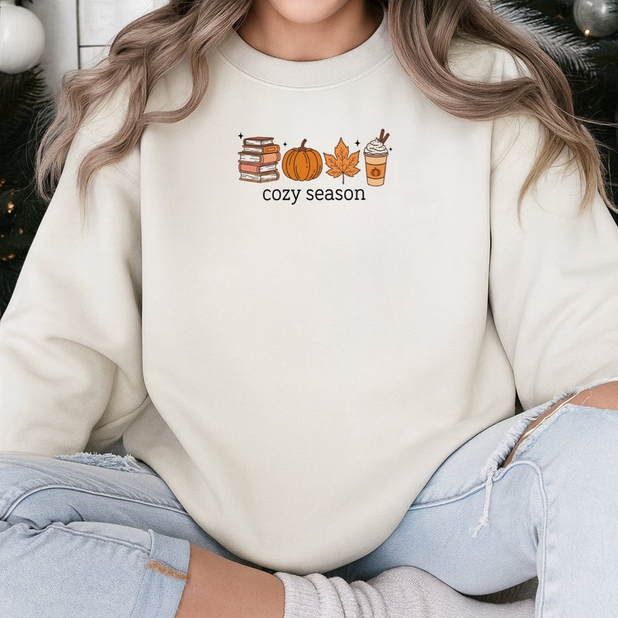 Cozy Season Sweatshirt | Pumpkin Spice Coffee Book Lover Graphic | Premium Cotton Blend | Fall Aesthetic Gift for Women