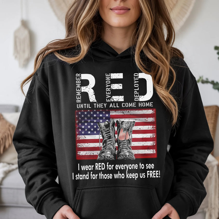 RED Friday Military Hoodie | Remember Everyone Deployed Veteran Gift | Premium Unisex Graphic Sweatshirt | Patriotic Army Apparel Support Shirt