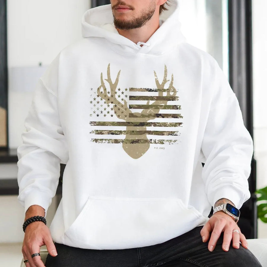 Buck Camo Flag Hoodie | Deer Antler American Flag Graphic | Soft Cotton-Blend Premium Apparel | Patriotic Gift For Hunters & Outdoorsmen