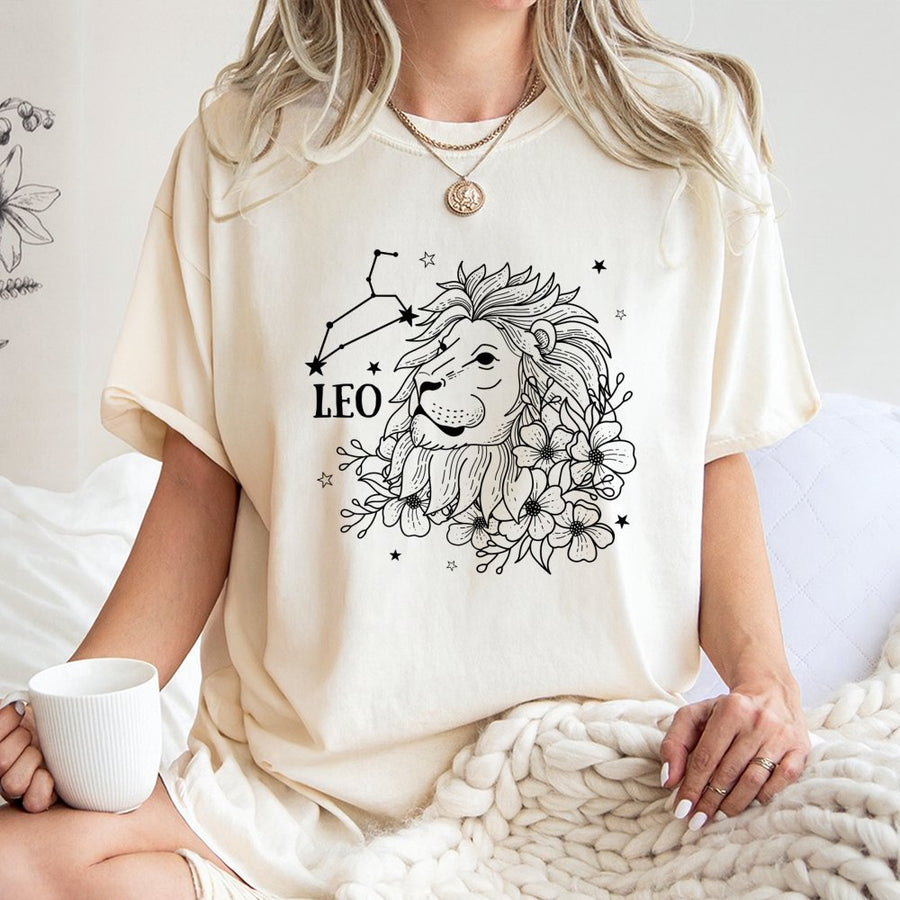Leo Zodiac Constellation T-Shirt | Floral Lion Horoscope Line Art Graphic | 100% Cotton Premium Tee | Astrology Birthday Gift for Men and Women